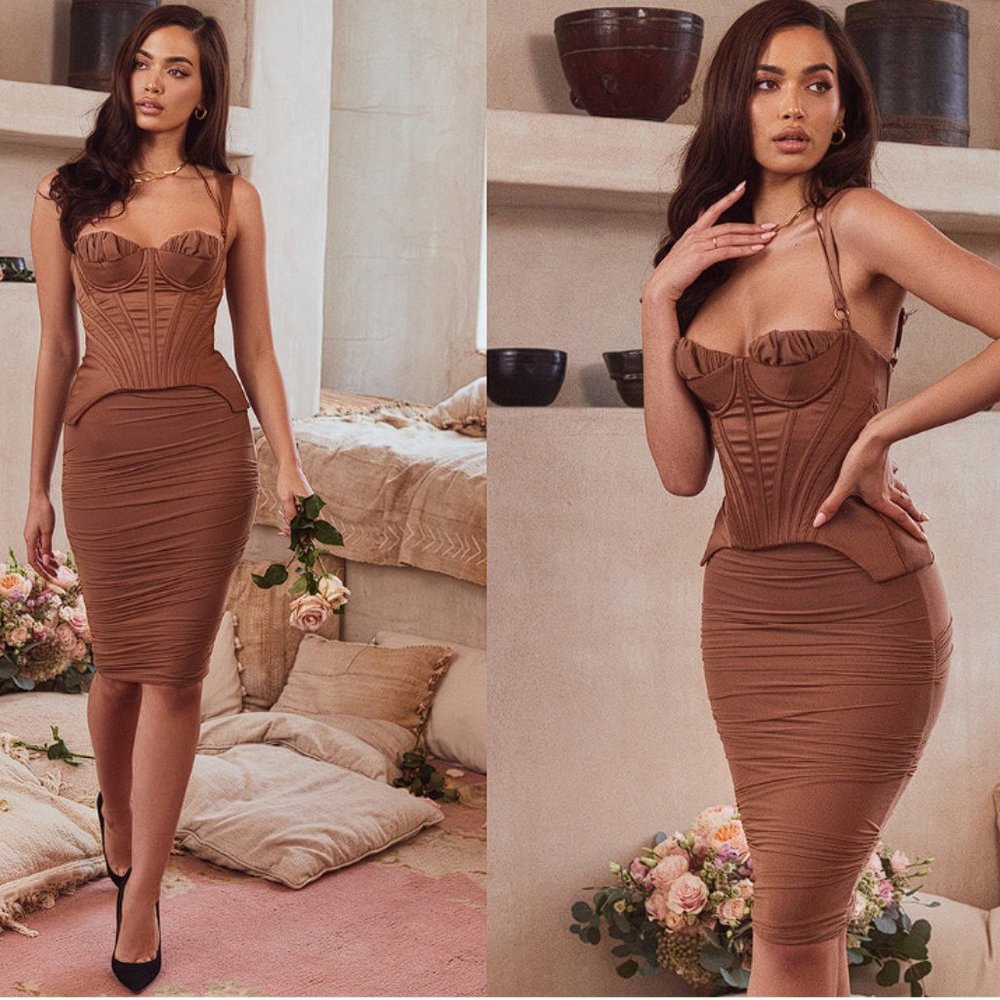 House of CB 'Talya' Toffee Corset Midi Dress NWOT